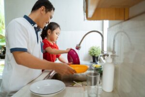 Hispanic Father And Daughter Washing Dishes